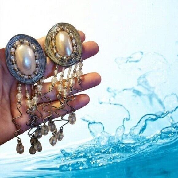 Vintage 70’s Outstanding Rare Silver Tone Pearl Tassel Clip-On Earrings - Unique - Picture 8 of 14